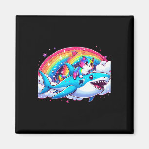 Rainbow Galaxy Cat Riding Shark in Space Funny Cat Magnet
