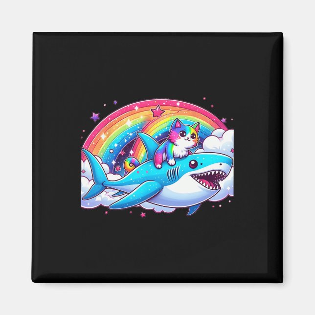 Rainbow Galaxy Cat Riding Shark in Space Funny Cat Magnet (Framsidan)