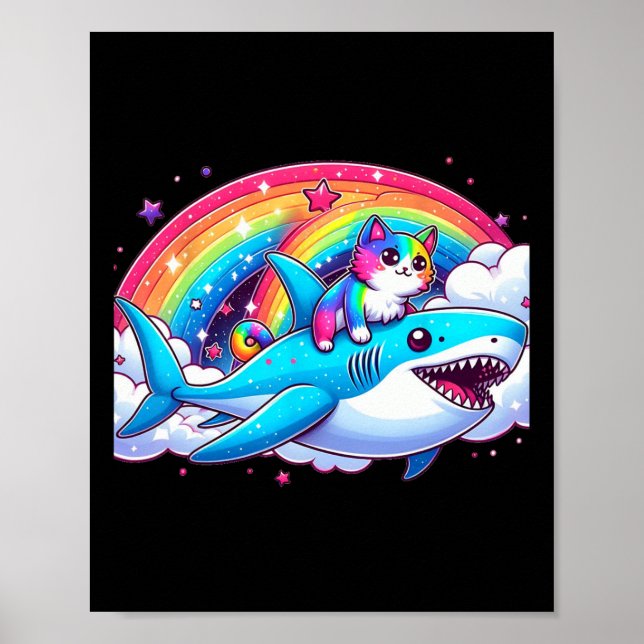 Rainbow Galaxy Cat Riding Shark in Space Funny Cat Poster (Framsidan)