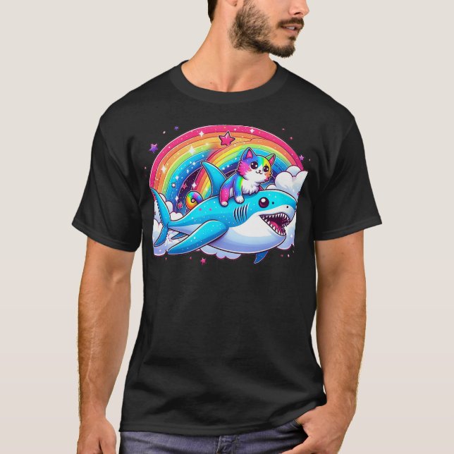 Rainbow Galaxy Cat Riding Shark in Space funny Cat T Shirt (Framsida)