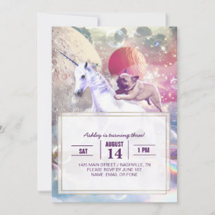 Rainbow galaxy pug ridenmajs i rymden. inbjudningar