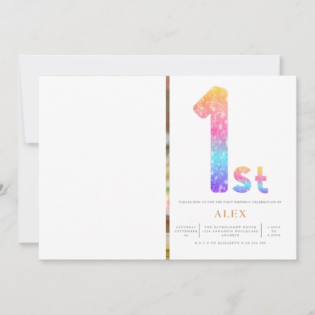 Rainbow Gender Neutral 1:a födelsedagsfoto Inbjudningar (Framsida)