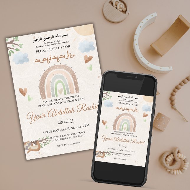 Rainbow Gender Neutral Newborn Baby Aqiqah Muslim Inbjudningar (Rainbow Gender Neutral Newborn Baby Aqiqah Muslim Invitation)