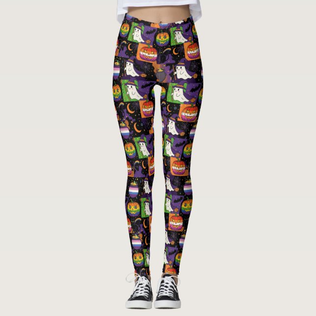 Rainbow Ghost och Pumpkin Pride Halloween Leggings (Framsida)