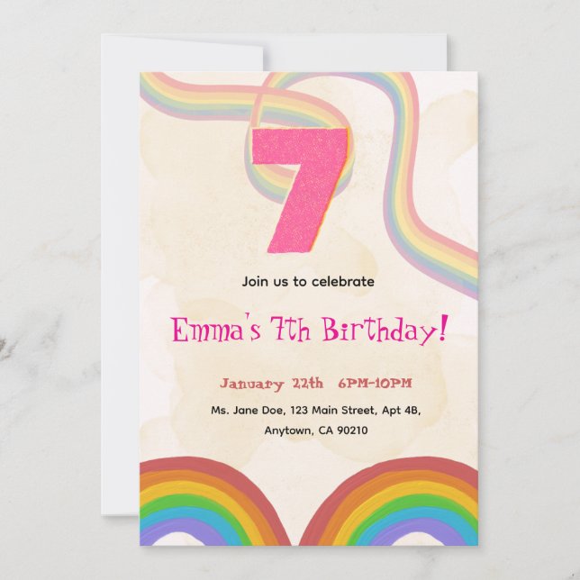 Rainbow Girl 7th Birthday Invitation Inbjudningar (Framsida)