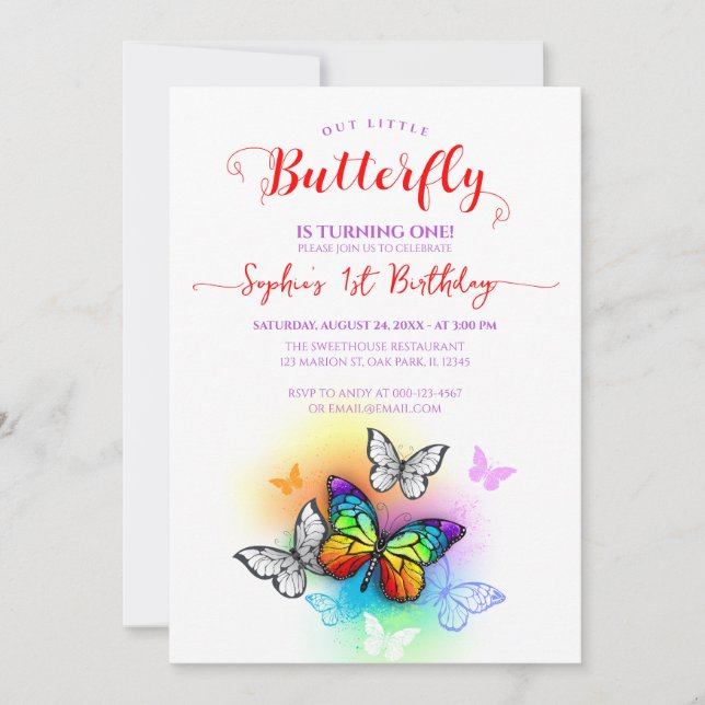 Rainbow Girl Butterfly 1:a födelsedagen Inbjudningar (Framsida)