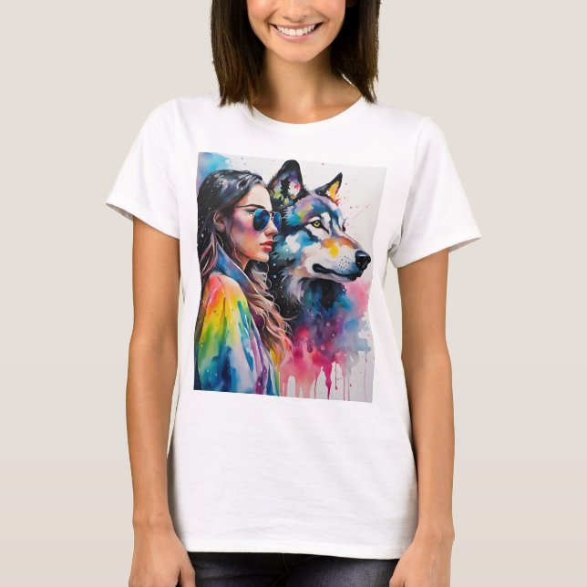 Rainbow Girl med varg T Shirt (Framsida)