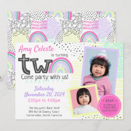 Rainbow Girls 2-års födelsedag Kawaii-kritor 2-fot Inbjudningar