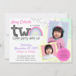 Rainbow Girl's 2nd Birthday Kawaii Doodles 2-Photo Inbjudningar