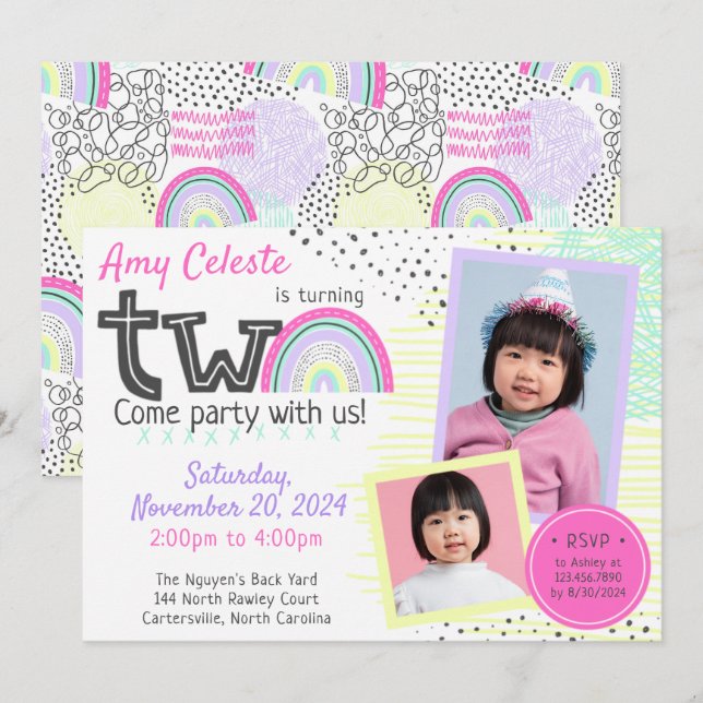 Rainbow Girl's 2nd Birthday Kawaii Doodles 2-Photo Inbjudningar (Fram/baksida)