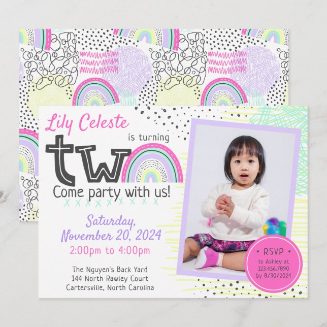 Rainbow Girl's 2nd Birthday Kawaii Doodles Photo Inbjudningar (Fram/baksida)