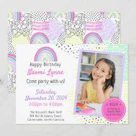 Rainbow Girl's 90's Birthday Kawaii Doodles Photo Inbjudningar