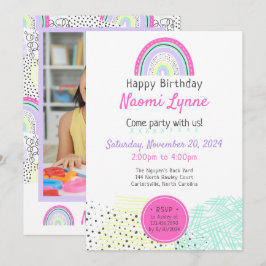 Rainbow Girl's 90's Birthday Kawaii Doodles Photo Inbjudningar
