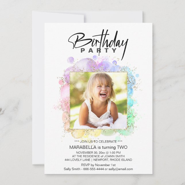 *~* Rainbow Glitter 2 TWO AR21 Photo Birthday Inbjudningar (Framsida)