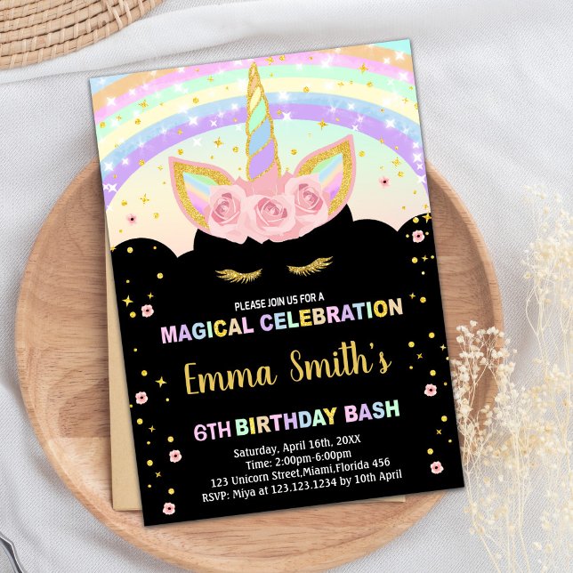 Rainbow Glitter Black Unicorn Birthday Bjuder Inbjudningar (Rainbow Glitter Black Unicorn Birthday Invitations)