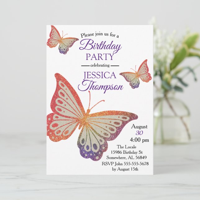 Rainbow Glitter Butterfly Birthday Inbjudningar (Stående Fram)