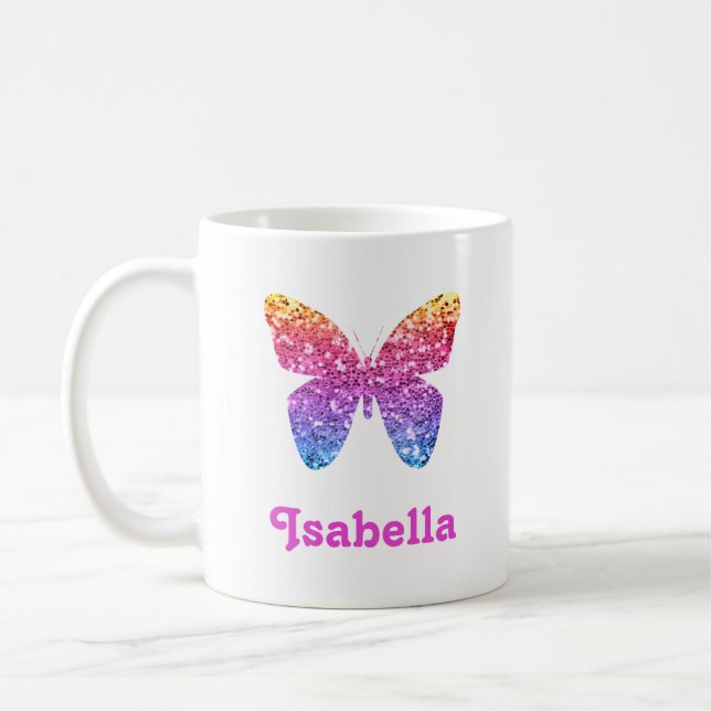 Rainbow Glitter Butterfly Cute Girly Personlig Kaffemugg (Vänster)