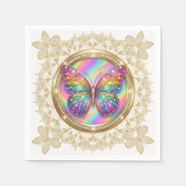 Rainbow Glitter Butterfly Elegant Lace Party Pappersservett (Framsidan)