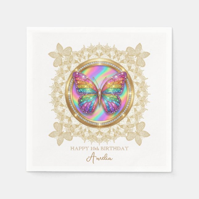 Rainbow Glitter Butterfly Elegant Lace Party Pappersservett (Framsidan)