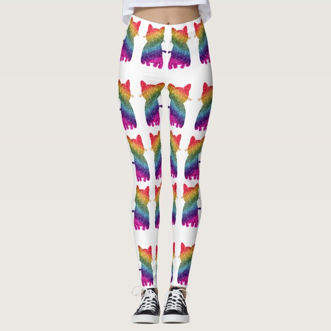 Rainbow Glitter Cat Mönster Leggings (Framsida)
