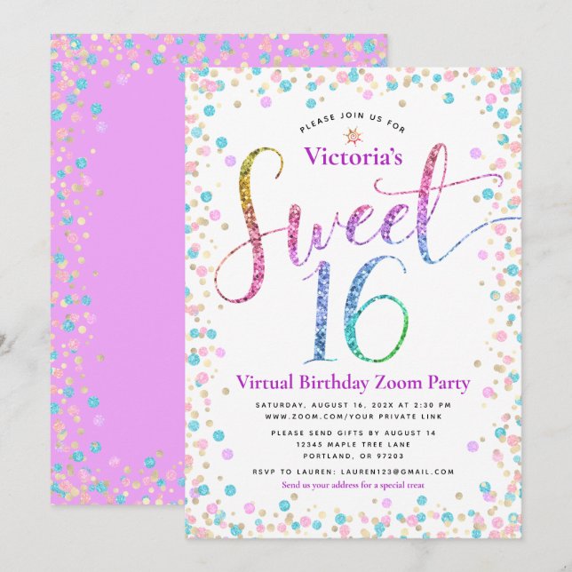 Rainbow Glitter Confetti Virtuell Sweet 16 Birthda Inbjudningar (Fram/baksida)