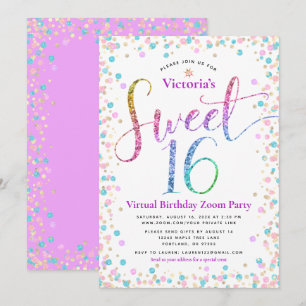 Rainbow Glitter Confetti Virtuell Sweet 16 Birthda Inbjudningar