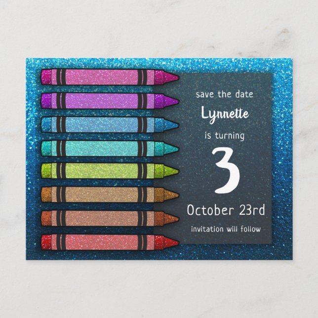 Rainbow Glitter Crayon Cute Save Date Birday Meddelande Vykort (Framsida)