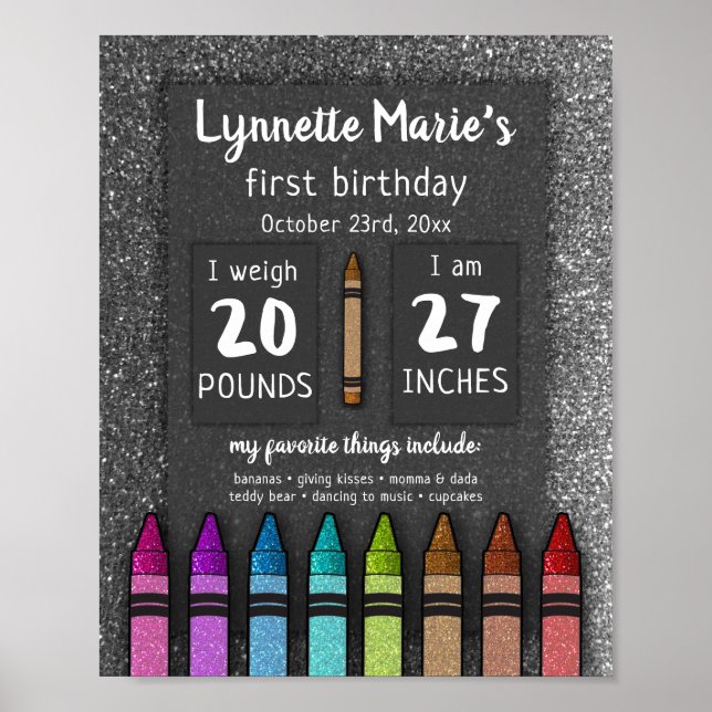 Rainbow Glitter Crayon First Birthday Baby Shower Poster (Framsidan)