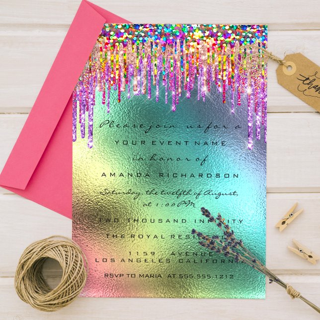 Rainbow Glitter Drip Möhippa 16:e Unicorn Inbjudningar (Rainbow Glitter Drip Bridal 16th Unicorn Invitation)