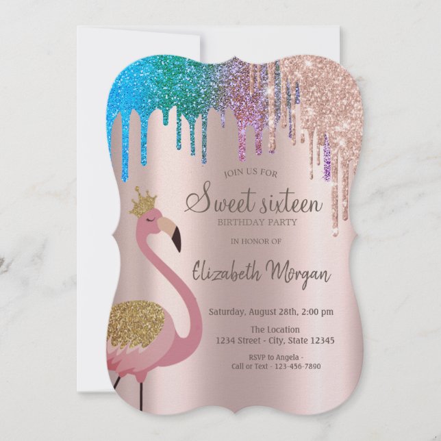 Rainbow Glitter Drips Flamingos Sweet 16 Birthday Inbjudningar (Framsida)