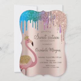 Rainbow Glitter Drips Flamingos Sweet 16 Birthday Inbjudningar