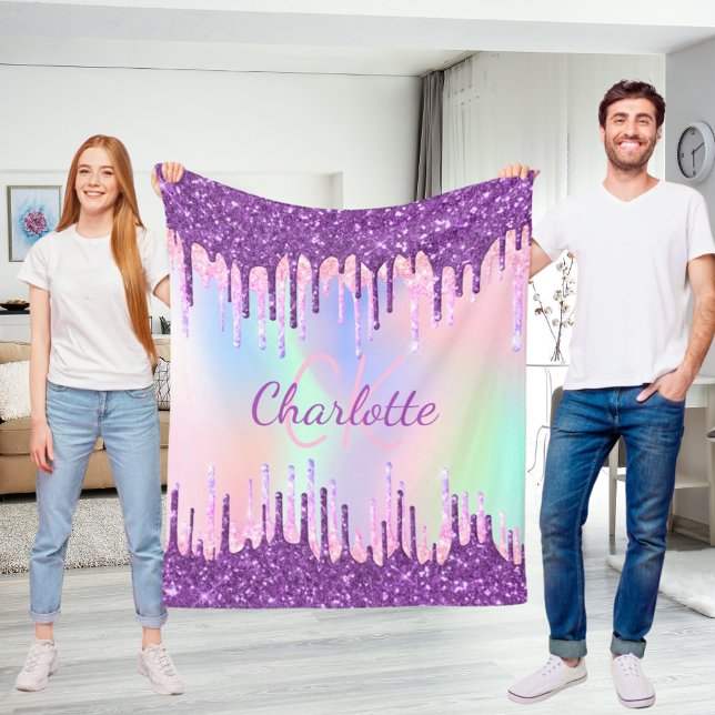 Rainbow glitter droppar lila rosa monogram-skript fleecefilt (Skapare uppladdad)