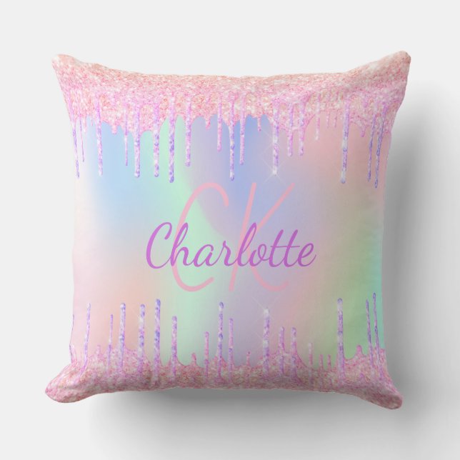 Rainbow glitter droppar rosa lila monogram-skript kudde (Framsida)