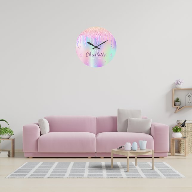 Rainbow glitter droppar rosa monogram stor klocka (Skapare uppladdad)