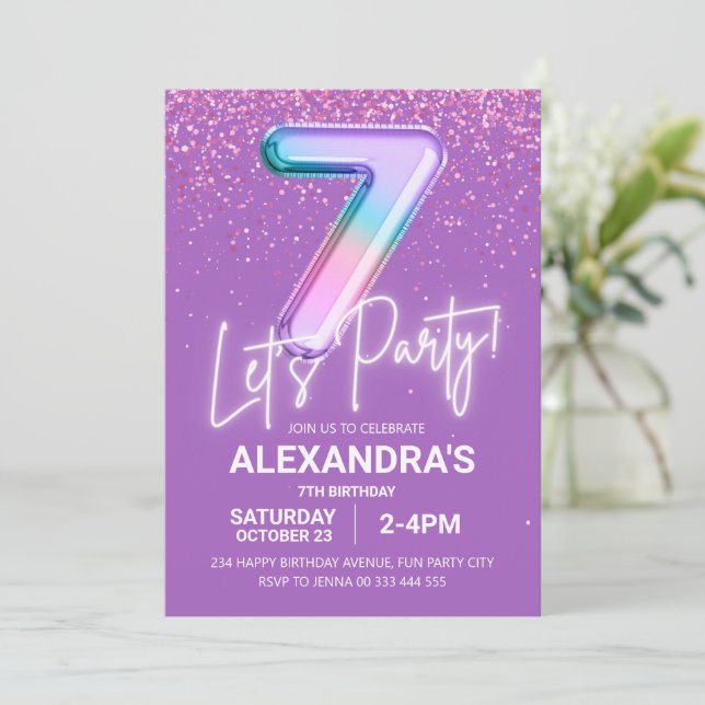 Rainbow Glitter Girl 7:e Birthday Balloon Neon Inbjudningar (Stående Fram)