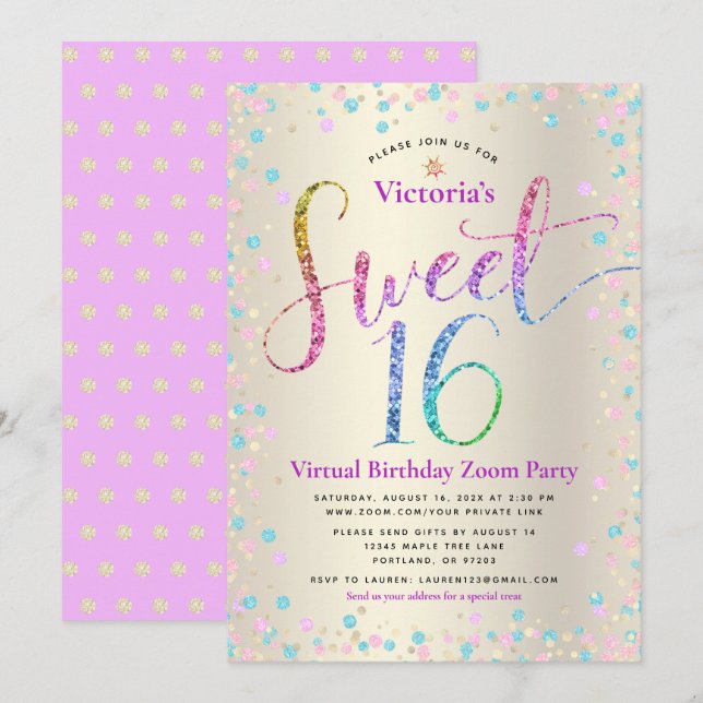 Rainbow Glitter Guld Virtuell Sweet 16 Birthday Inbjudningar (Fram/baksida)