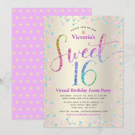 Rainbow Glitter Guld Virtuell Sweet 16 Birthday Inbjudningar