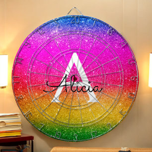 Rainbow Glitter Gult Grönt Lila Namn Dartboard Darttavla