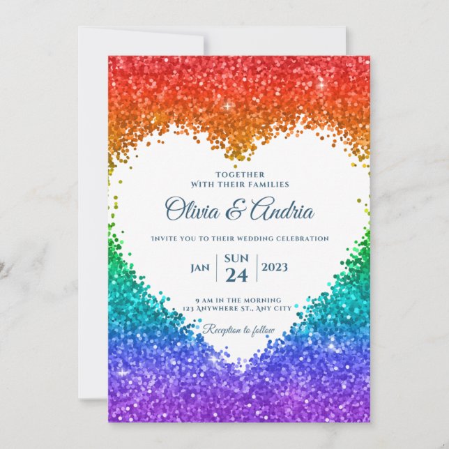Rainbow Glitter Heart ram gay pride bröllop Inbjudningar (Framsida)