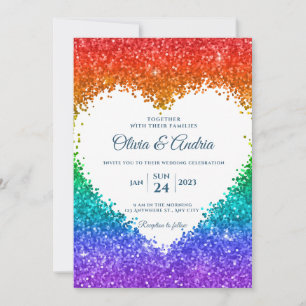 Rainbow Glitter Heart ram gay pride bröllop Inbjudningar
