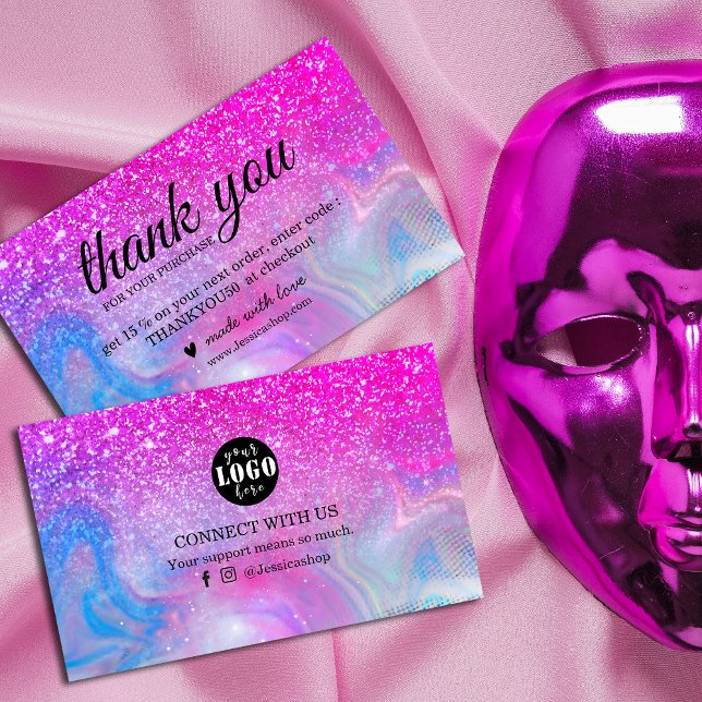 Rainbow glitter hologragrafiskt tack visitkort (Sparkle and shine with gratitude! Rainbow holographic and hot pink glitter business cards)