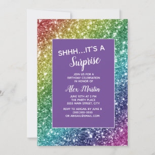 Rainbow Glitter Lila Surprise Födelsedagsfest Inbjudningar