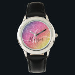Rainbow Glitter Monogram Namn Armbandsur<br><div class="desc">Lägg till en stänk i färg till klockan med glitter-regnbåge med monogram och manuset namn. Anpassa med namn, monogram, inledande text eller text. Du kan ändra färg och teckensnittet stil genom att anpassa det ytterligare. Observera att glitter är en tryckt effekt och inte ett fysiskt glitter delarare. Kontakta mig om...</div>