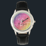 Rainbow Glitter Monogram Namn Armbandsur<br><div class="desc">Lägg till en stänk i färg till klockan med glitter-regnbåge med monogram och manuset namn. Anpassa med namn, monogram, inledande text eller text. Du kan ändra färg och teckensnittet stil genom att anpassa det ytterligare. Observera att glitter är en tryckt effekt och inte ett fysiskt glitter delarare. Kontakta mig om...</div>