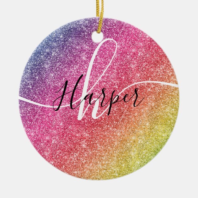 Rainbow Glitter Monogram Namn Ceramic Ornament (Framsidan)