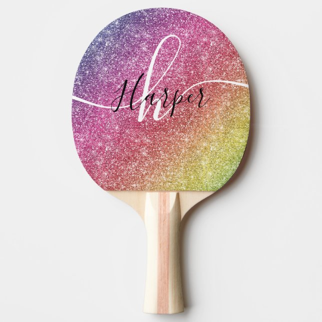 Rainbow Glitter Monogram Namn Pingisracket (Framsidan)