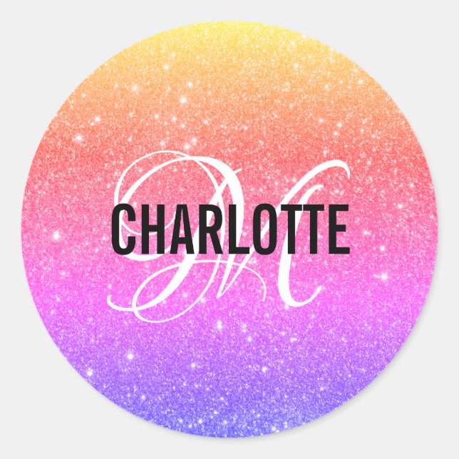 Rainbow Glitter Monogram Namn Runt Klistermärke (Framsida)