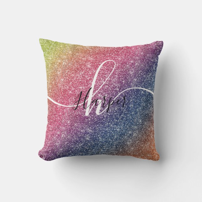 Rainbow Glitter Monogram Namn Throw Cushion Kudde (Framsida)
