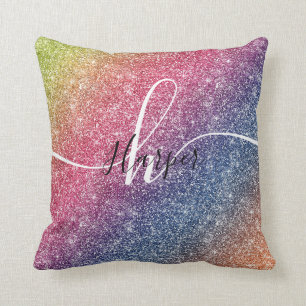 Rainbow Glitter Monogram Namn Throw Cushion Kudde