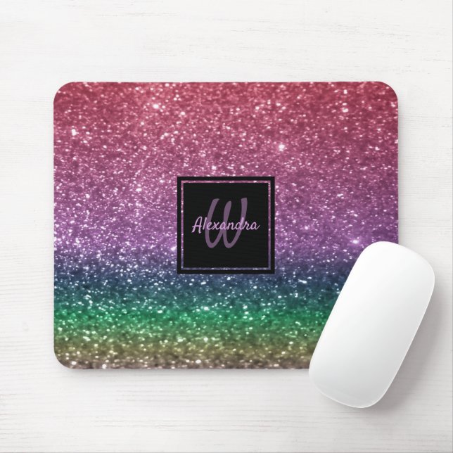 Rainbow Glitter Monogram Rosa Glamous Musmatta (Med mus)